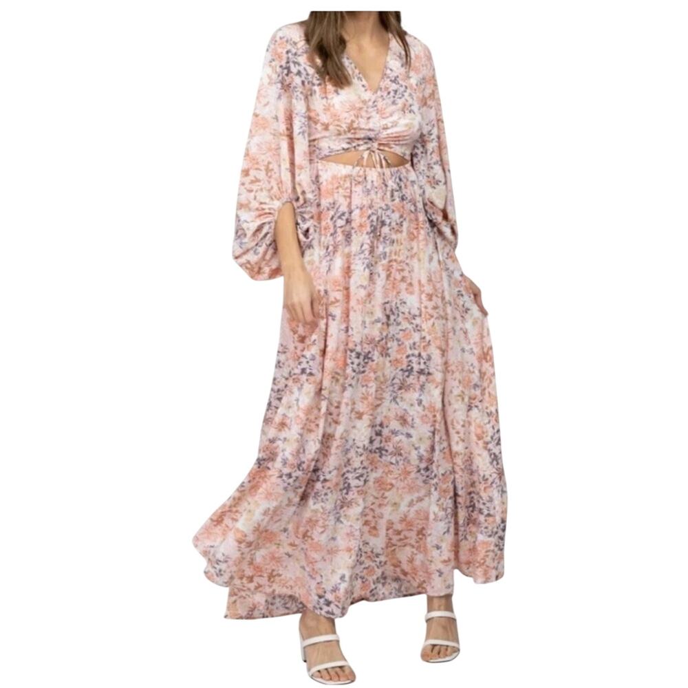 Entro Peach Pink Floral Cutout Maxi Dress sz S Ethereal Garden Cottagecore